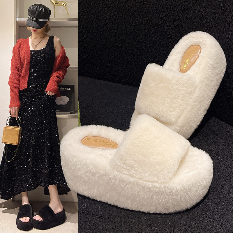 新款聚氨酯轻便一字毛毛拖鞋女士加厚时尚8公分软底家居毛毛拖鞋