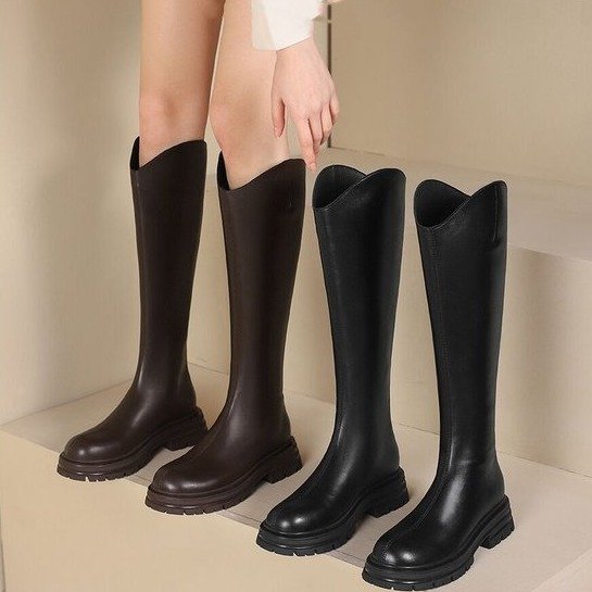 不过膝长靴女2024秋冬新款英伦风V口厚底长筒靴显腿瘦高筒骑士靴