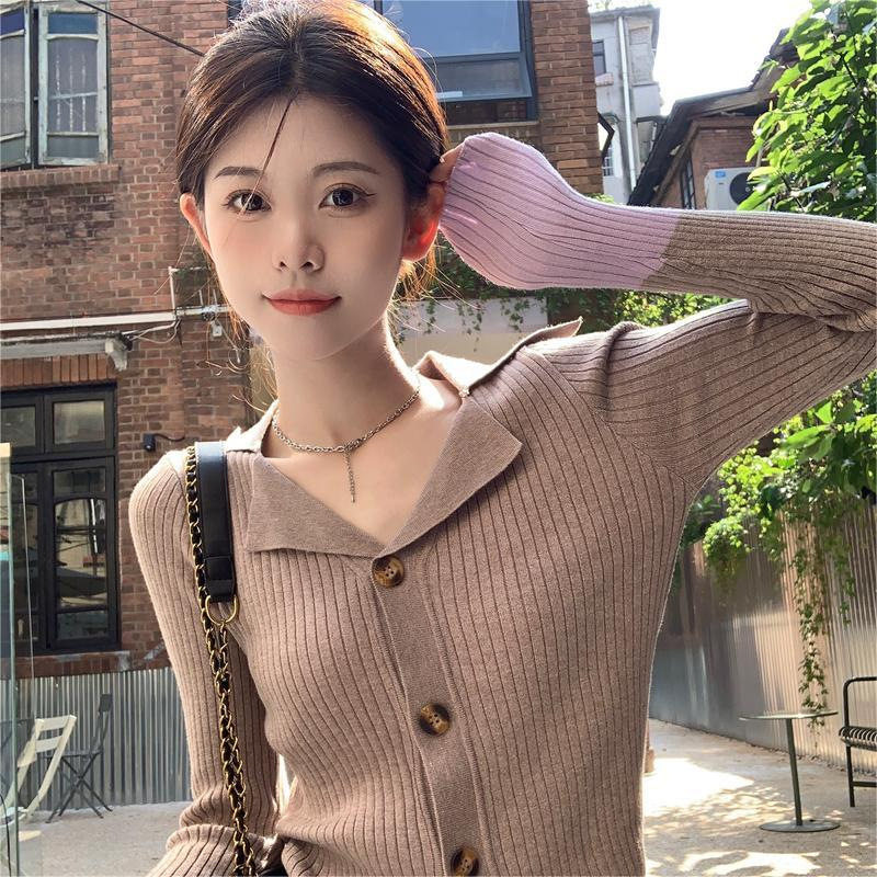 2023新款爆款修身显瘦打底针织衫女秋季毛衣内搭撞色长袖V领上衣