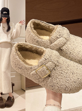新款豆豆鞋加绒毛绒勃肯加棉平底毛毛鞋女士时尚外穿家居包跟棉鞋
