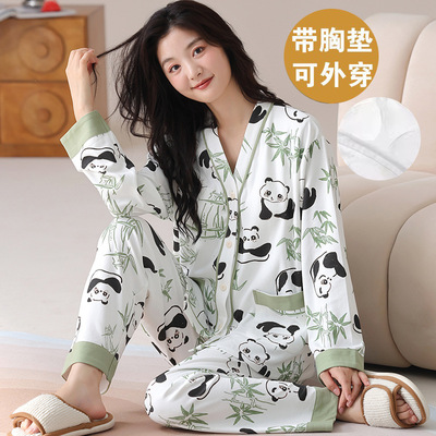 秋冬季卡通睡衣女带胸垫棉质开衫长袖甜美可爱高级学生家居服套装