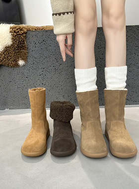 2025冬季新磨砂皮大头两穿雪地靴女加绒保暖厚底后搭扣勃肯棉靴子
