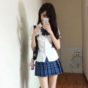 JK制服泡泡袖 衬衫 学院风套装 收腰短袖 女白色衬衣狗短格裙夏季 新款