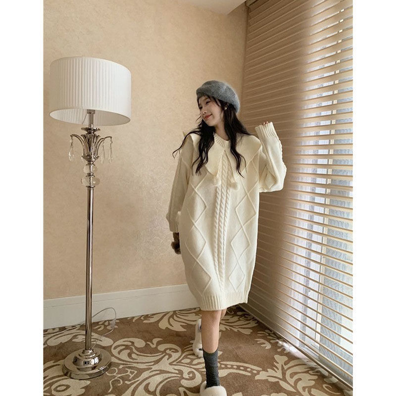 韩版娃娃领甜美软糯毛衣针织衫中长款连衣裙女宽松慵懒风休闲上衣