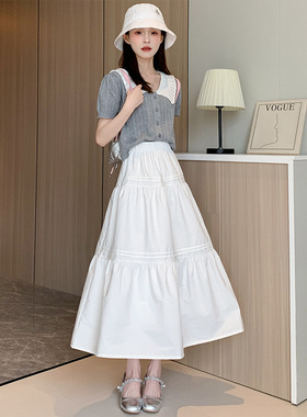 白色蛋糕裙高腰显瘦百搭半身裙松紧腰韩系温柔风甜美小个子中长裙
