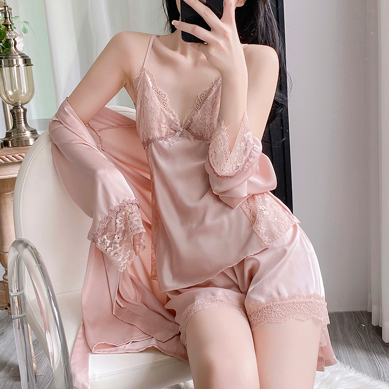 冰丝睡衣女春秋季吊带三件套装睡袍带胸垫性感卡其丝绸夏天家居服