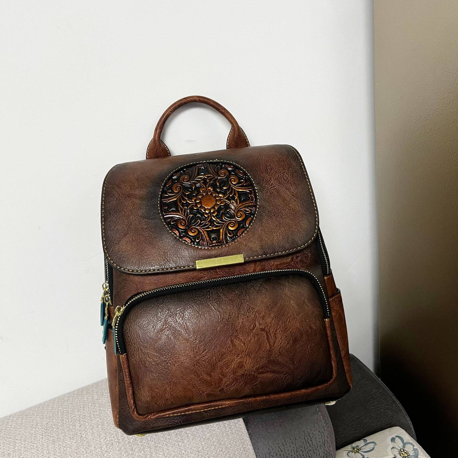 双肩包欧美压花复古风质感背包大容量户外背包通勤休闲女士双肩包,箱包皮具/热销女包/男包,单肩包,淘宝优惠券,粉丝福利购,淘宝优惠卷