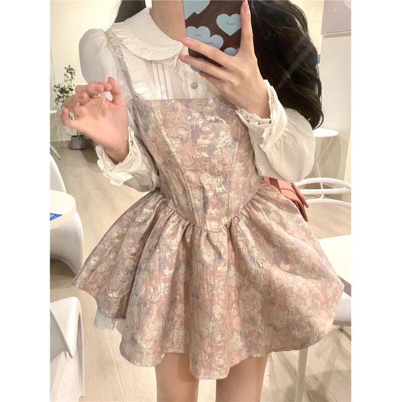 法式浪漫抹胸设计感粉紫吊带连衣裙女春季蓬蓬公主裙短裙收腰裙子