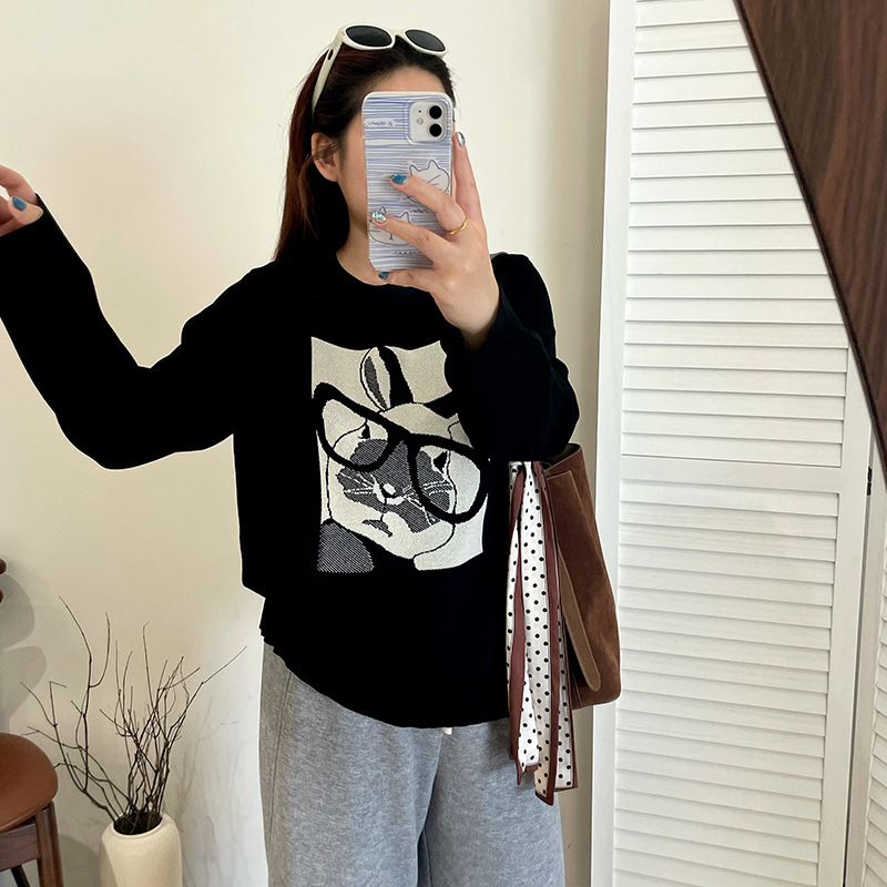 大码女装撞色提花兔子上衣2025秋胖妹妹mm宽松长袖针织衫女21896