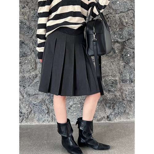 鹿西 复古系学院风高腰显瘦半身裙女秋季新款毛呢百褶A字裙1851