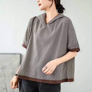 實拍現(xiàn)貨2024夏季 寬松休閑減齡恤 復古連帽格子上衣女短袖 新款