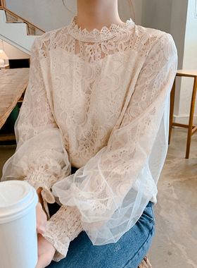 2024新款白色韩版宽松长袖网纱灯笼袖蕾丝打底衫内搭上衣女衬衫