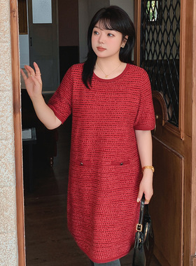 大码女装气质小香连衣裙2025冬胖mm宽松直筒裙女短袖针织裙22798