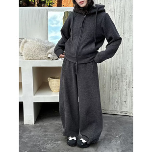鹿西羊毛加绒连帽双拉链卫衣可调节束脚长裤 2108 气质休闲运动套装