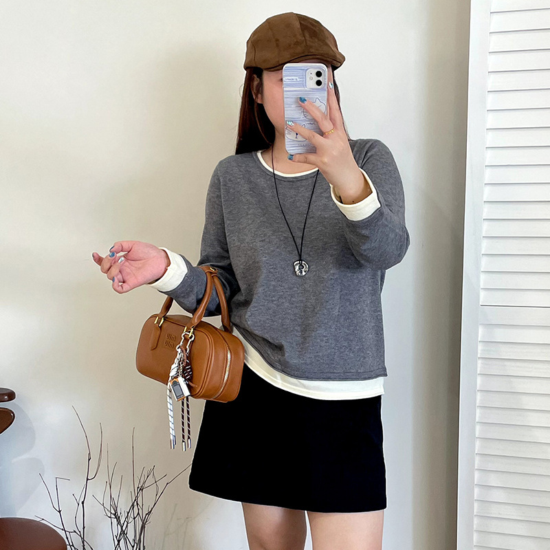 大码女装撞色假两件上衣女毛衣2025秋冬胖mm百搭宽松针织衫23592