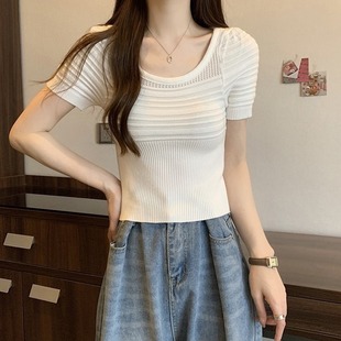 韩系简约百搭方领套头甜美可爱上衣女装 薄款 女夏季 短袖 正肩针织衫