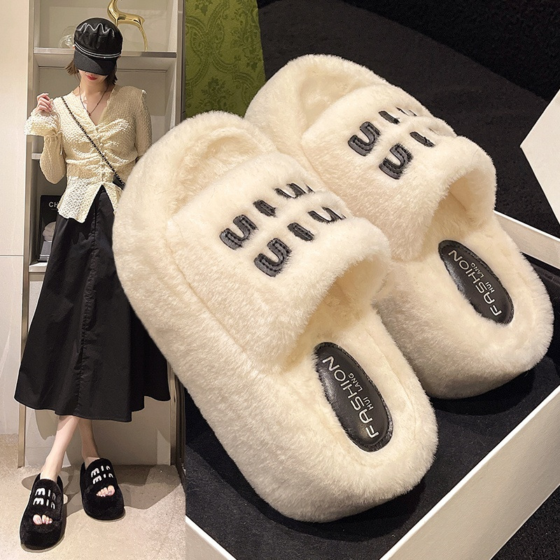 2025秋冬新款厚底字母毛拖新款拼色居家外穿舒适8公分厚底毛拖鞋