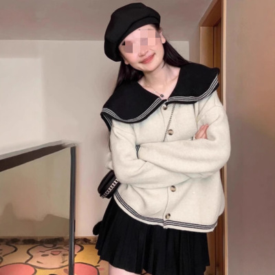 秋冬外穿宽松慵懒风加厚针织上衣学院风撞色海军领黑色毛衣外套女
