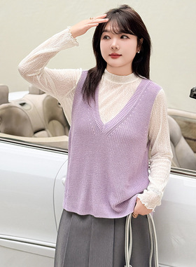 大码v领无袖上衣女外穿内搭针织衫2025秋款胖mm宽松马甲背心22898