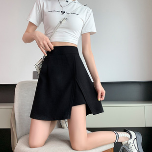 女a字裙显瘦微胖开叉短裙2025高腰大码 半身裙胖百褶夏季 黑色包臀