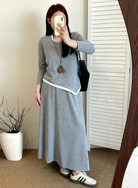 大码不规则上衣女半裙两件套2025秋胖mm宽松慵懒感针织套装NT1268