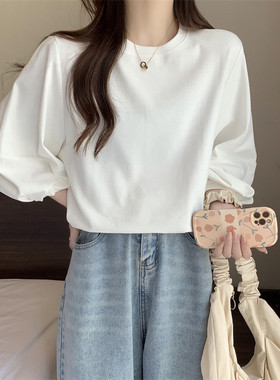 跨境新款灯笼袖T恤女春秋季2022宽松百搭七分袖上衣打底小衫时尚