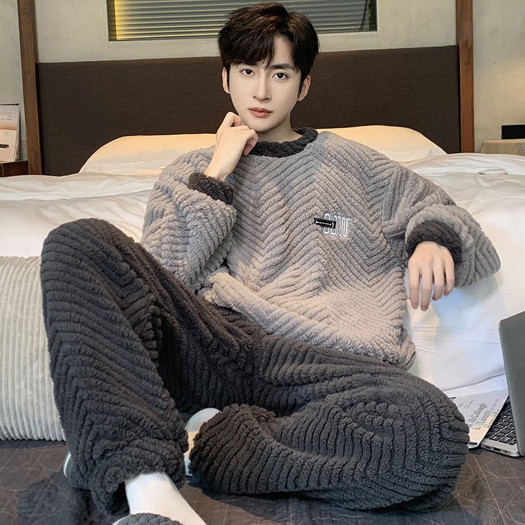 睡衣男装加厚法兰绒中青少年秋冬季家居服保暖毛绒加肥大码珊瑚绒