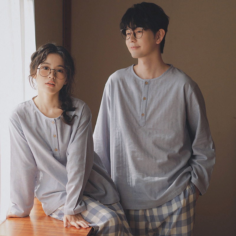返璞75-无印睡衣男士情侣家居服纯棉纱布长袖套装女春秋季可外穿