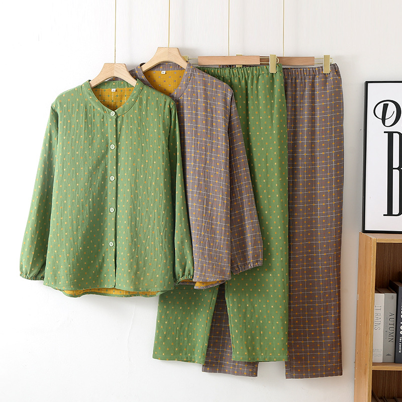 日系简约情侣水洗纯棉双层纱布睡衣女春秋季薄款长袖男外穿家居服