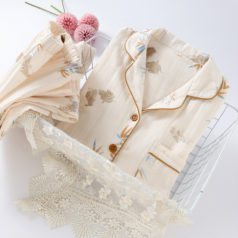 新中式竹子纯棉双层纱布睡衣套装女士春秋夏季薄款全棉宽松家居服