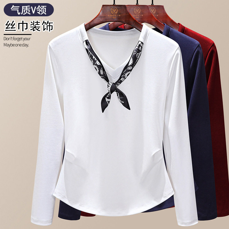 白色V领长袖女t恤2025新款爆款早秋丝巾设计感小众超好看气质上衣,女装/女士精品,T恤,淘宝优惠券,粉丝福利购,淘宝优惠卷