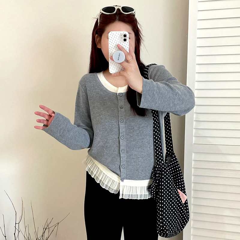 大码女装假两件上衣女拼接花边外套2025秋胖mm宽松针织开衫23193