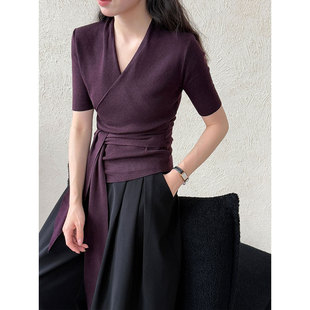 设计感收腰V领小衫 鹿西 新款 女25秋季 ss772 不规则绑带羊毛针织衫