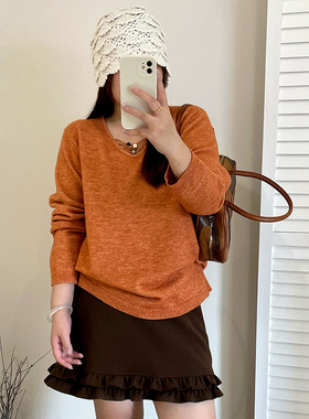 大码女装设计感v领钉珠上衣2025冬胖mm宽松休闲毛衣女针织衫23656