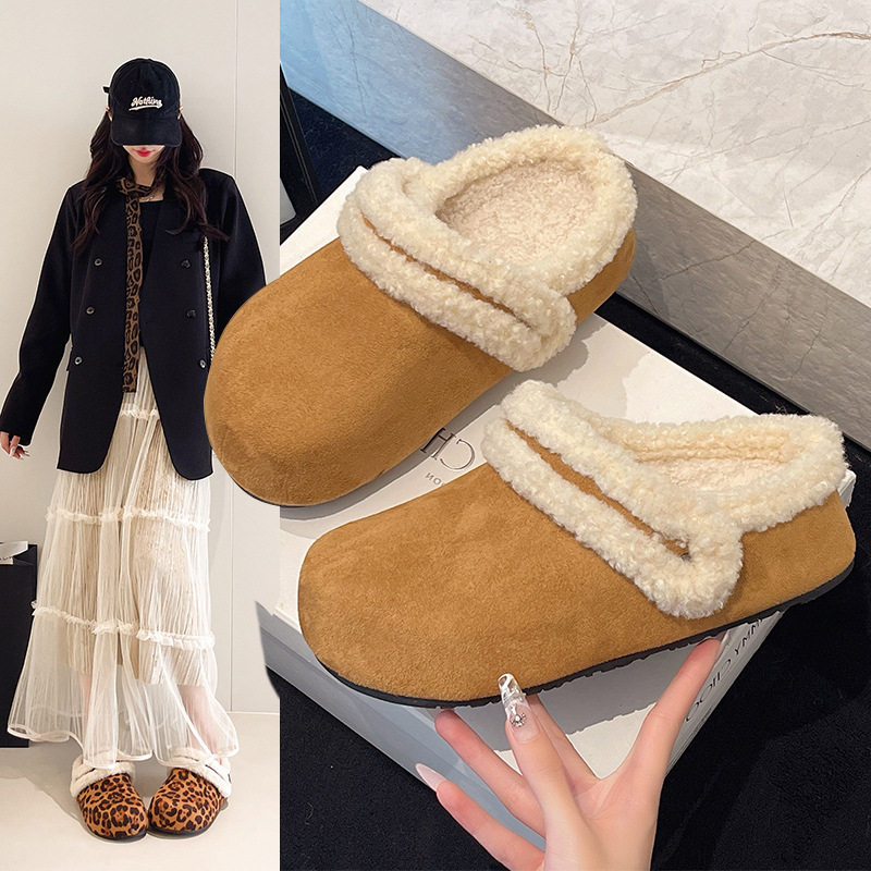 豹纹拼接平底毛拖鞋外穿春秋新款气质洋气软底保暖家居包头棉拖鞋