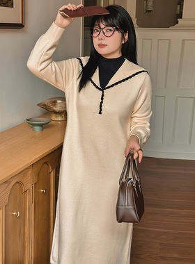 大码女装休闲直筒宽松长裙2025冬胖mm海军领连衣裙女针织裙22691