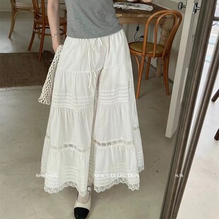 夏季白色半身裙子女装高腰气质蕾丝拼接A字长裙可爱仙女裙甜美装