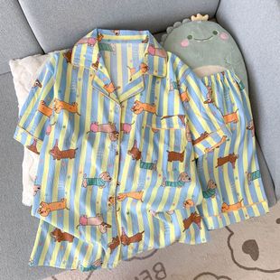 宽松网红家居服可外穿 云朵棉睡衣女夏季 甜美条纹卡通薄款 短袖 短裤