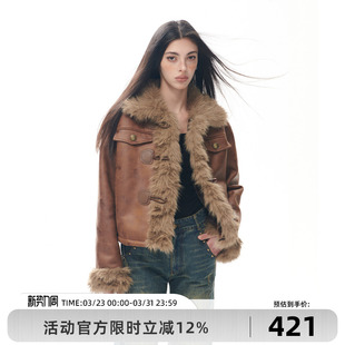 Goosfir 保暖褐色皮大衣女 原创设计复古做旧毛绒拼接外套秋冬新款