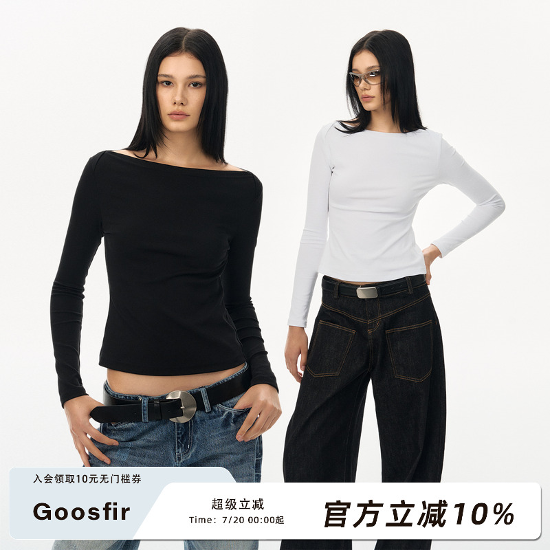 Goosfir 原创设计秋季新款辣妹一字肩长袖T恤正肩修身打底上衣女