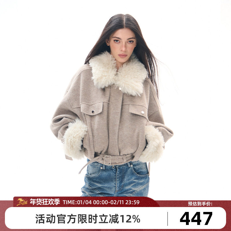 Goosfir 原创设计翻领休闲皮毛外套女士冬季新款收腰短款毛呢大衣,女装/女士精品,短外套,淘宝优惠券,粉丝福利购,淘宝优惠卷