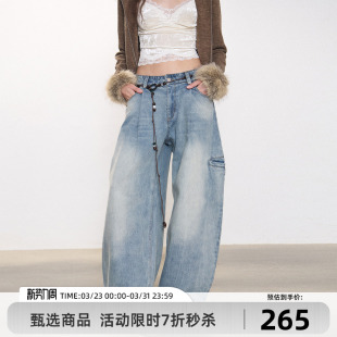 宽松水洗休闲长裤 新款 女 原创设计复古水线串珠弯刀牛仔裤 Goosfir