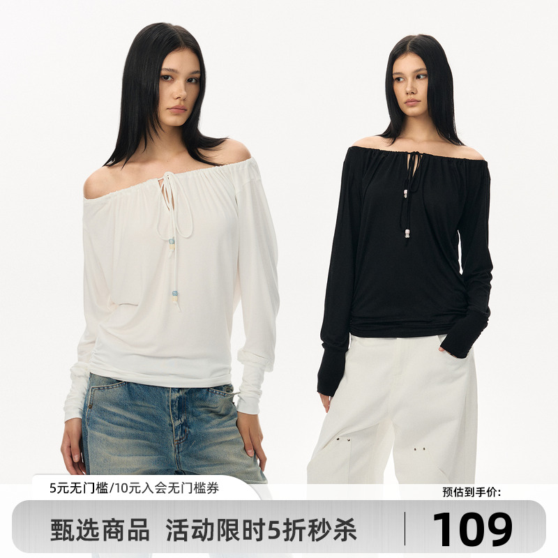 Goosfir 原创设计双色一字肩绑带设计长袖T恤时尚显瘦打底上衣女