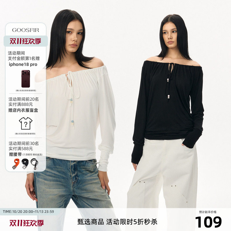 Goosfir 原创设计双色一字肩绑带设计长袖T恤时尚显瘦打底上衣女