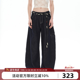 宽松百搭弯刀阔腿长裤 Goosfir 深蓝色直筒牛仔裤 新款 原创设计夏季