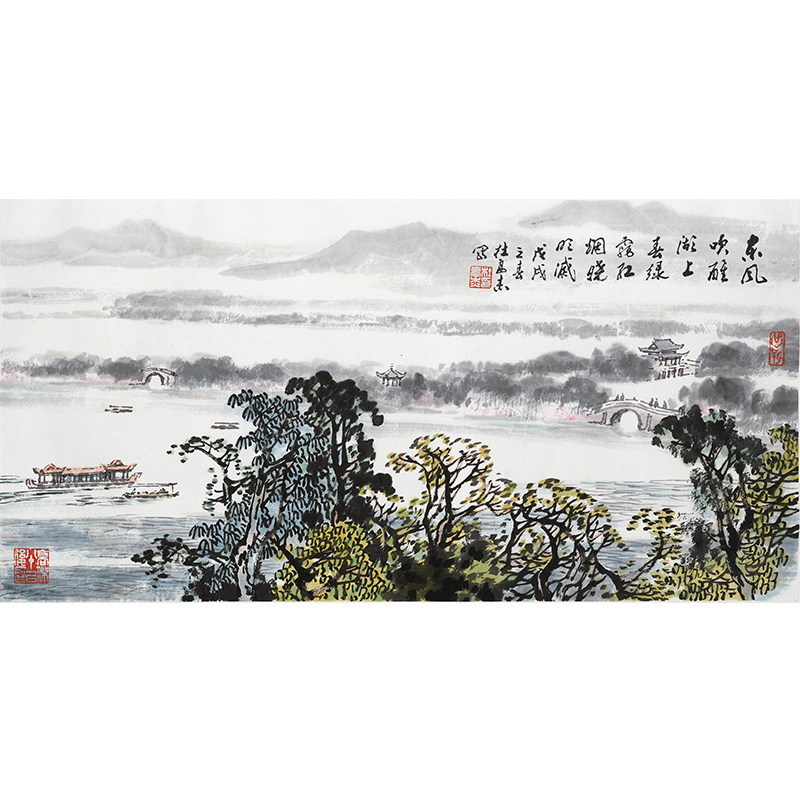 西泠印社社员杜高杰山水国画西湖四季春《苏堤春晓》夏《曲园风荷》秋