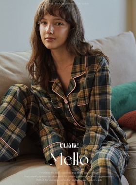 ULLALA韩国情侣睡衣女2025秋磨毛纯棉简约休闲格子长袖家居服套装