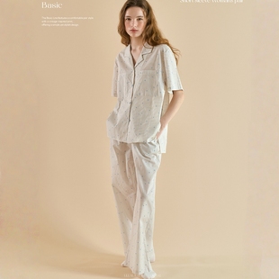 ULLALA韩国乌拉拉睡衣女206春夏纯棉碎花条纹简约短袖长裤家居服