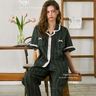 ULLALA韩国乌拉拉睡衣女2026夏纯棉甜美蕾丝边碎花短袖长裤家居服