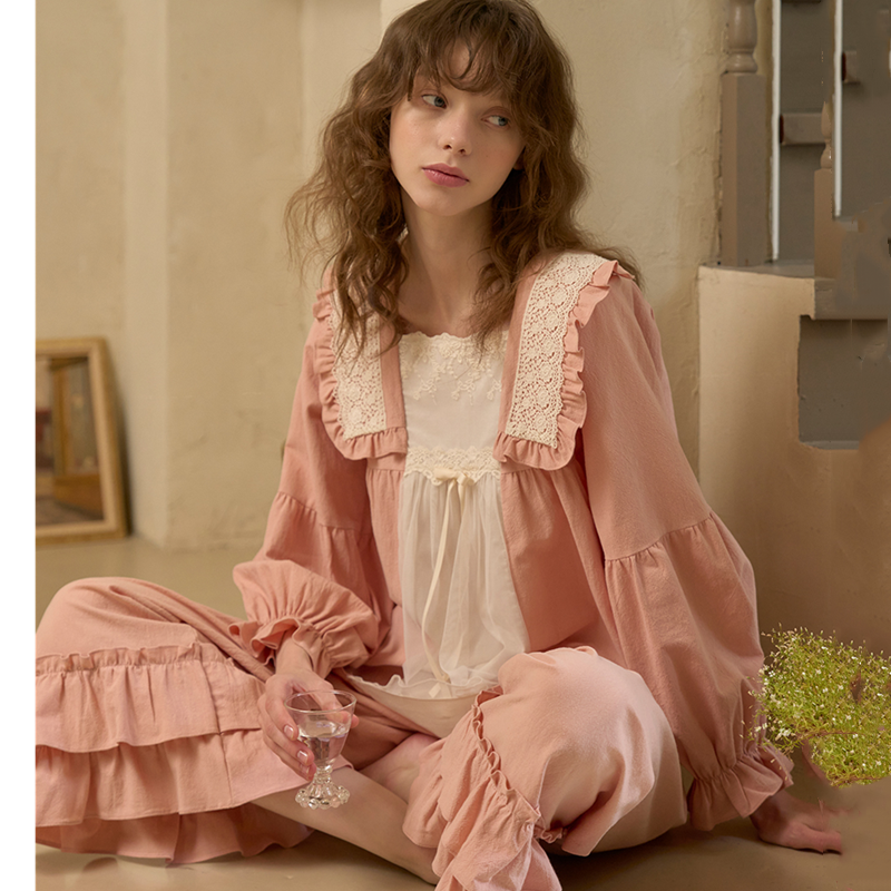 ULLALA韩国2024秋纯棉甜美蕾丝花边公主风长袖方领睡衣套装睡裙女